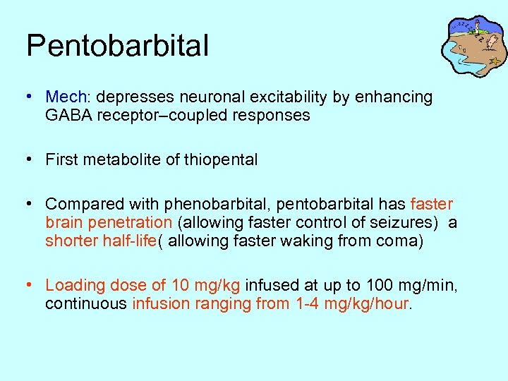 Pentobarbital • Mech: depresses neuronal excitability by enhancing GABA receptor–coupled responses • First metabolite