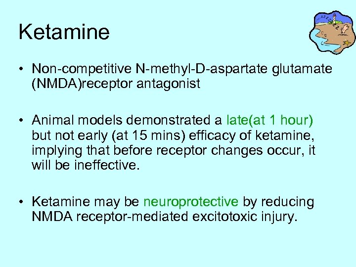 Ketamine • Non-competitive N-methyl-D-aspartate glutamate (NMDA)receptor antagonist • Animal models demonstrated a late(at 1