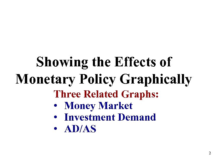 Showing the Effects of Monetary Policy Graphically Three Related Graphs: • Money Market •
