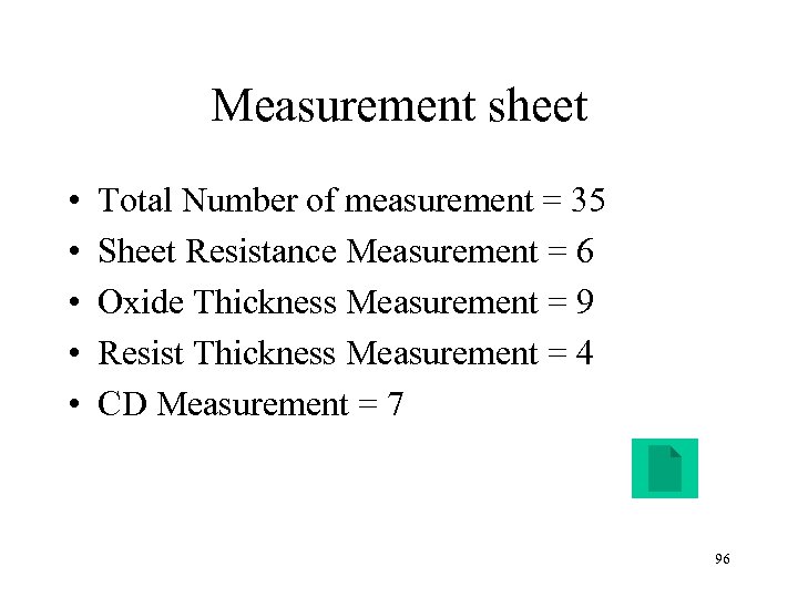 Measurement sheet • • • Total Number of measurement = 35 Sheet Resistance Measurement