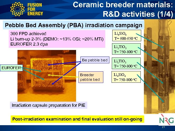 Ceramic breeder materials: R&D activities (1/4) Pebble Bed Assembly (PBA) irradiation campaign 300 FPD