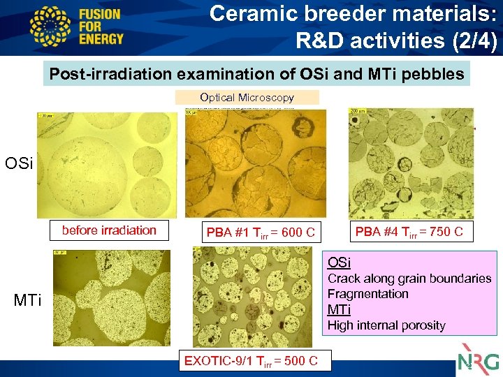 Ceramic breeder materials: R&D activities (2/4) Post-irradiation examination of OSi and MTi pebbles Optical