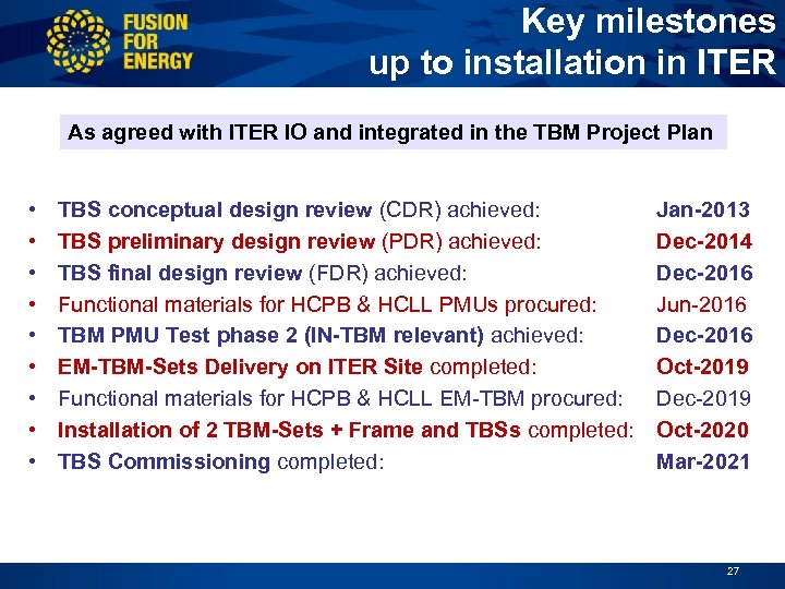 Key milestones up to installation in ITER As agreed with ITER IO and integrated