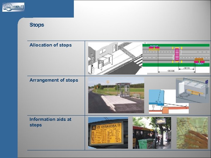 Stops Allocation of stops Arrangement of stops Information aids at stops 