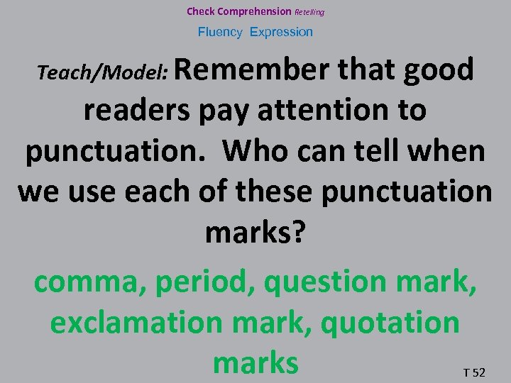 Check Comprehension Retelling Fluency Expression Teach/Model: Remember that good readers pay attention to punctuation.