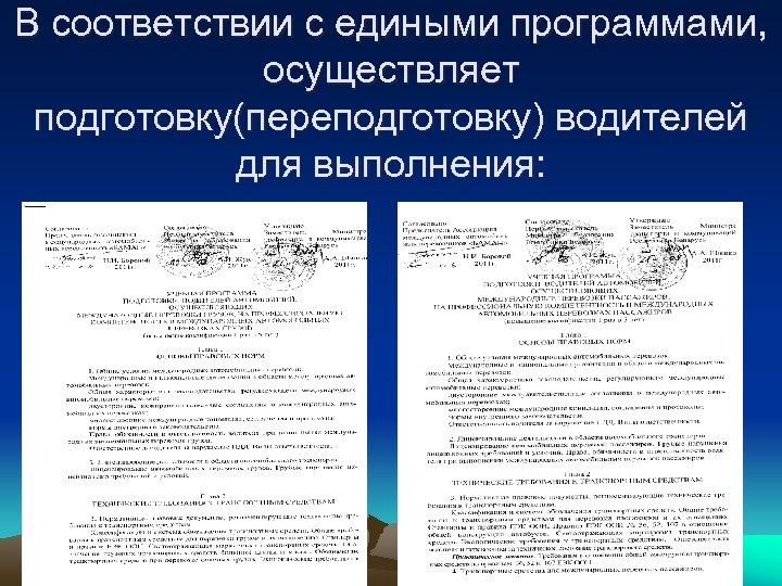 В соответствии с едиными программами, осуществляет подготовку(переподготовку) водителей для выполнения: 