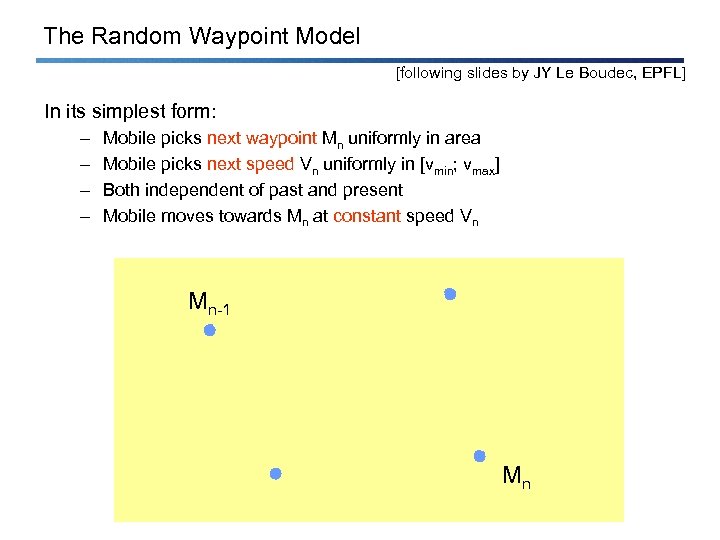 The Random Waypoint Model [following slides by JY Le Boudec, EPFL] In its simplest
