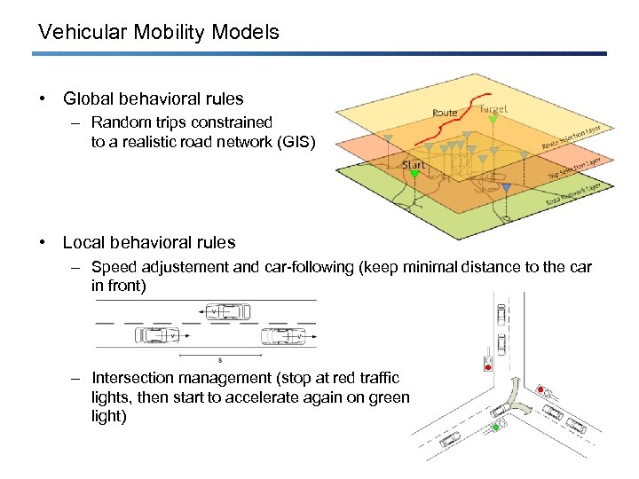 Vehicular Mobility Models • Global behavioral rules – Random trips constrained to a realistic