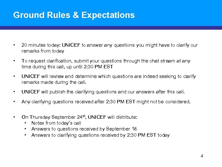 Ground Rules & Expectations • 20 minutes today: UNICEF to answer any questions you
