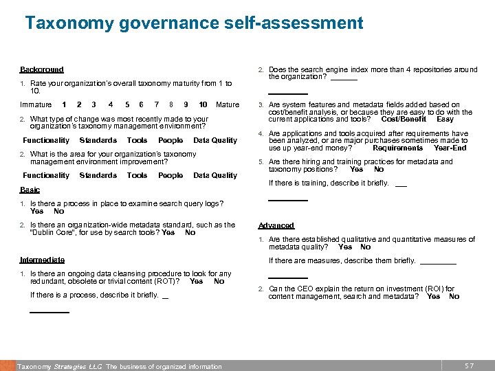 Taxonomy governance self-assessment Background 1. Rate your organization’s overall taxonomy maturity from 1 to