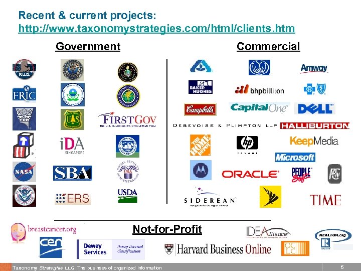 Recent & current projects: http: //www. taxonomystrategies. com/html/clients. htm Government Commercial Not-for-Profit Taxonomy Strategies