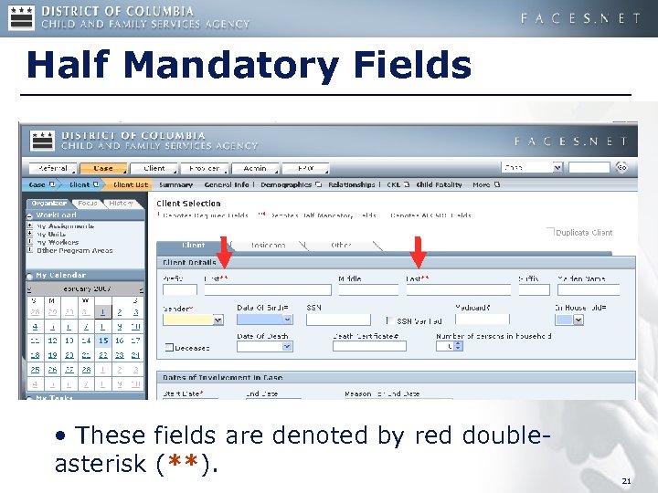 Half Mandatory Fields • These fields are denoted by red doubleasterisk (**). 21 