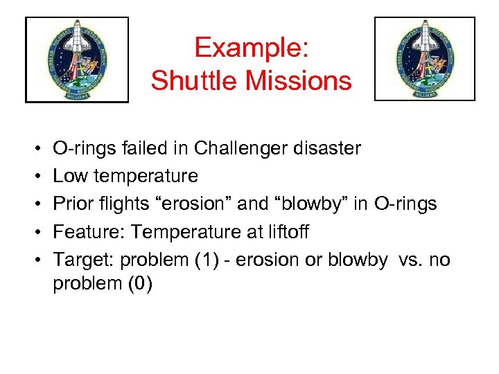 Example: Shuttle Missions • • • O-rings failed in Challenger disaster Low temperature Prior