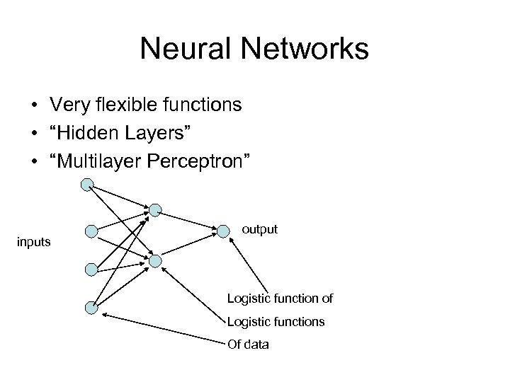 Neural Networks • Very flexible functions • “Hidden Layers” • “Multilayer Perceptron” inputs output