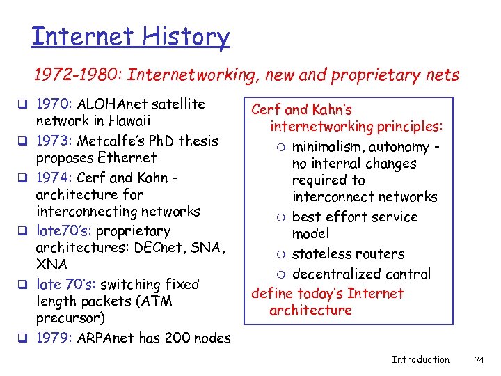 Internet History 1972 -1980: Internetworking, new and proprietary nets q 1970: ALOHAnet satellite q