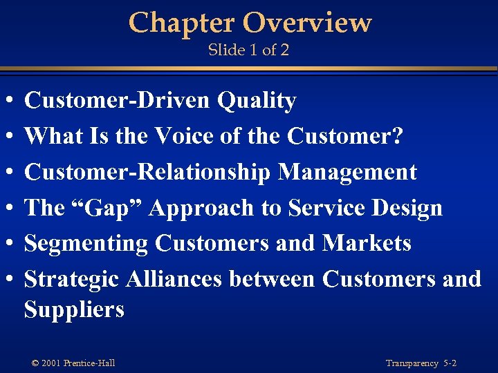 Chapter Overview Slide 1 of 2 • • • Customer-Driven Quality What Is the