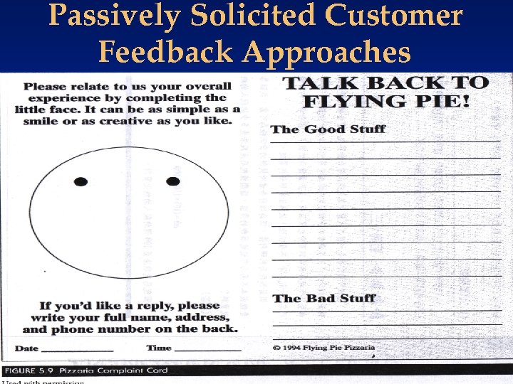 Passively Solicited Customer Feedback Approaches • Figure 5. 9 Pizzaria Complaint Card © 2001