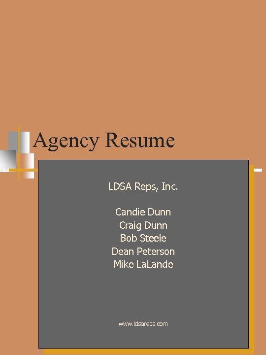 Agency Resume LDSA Reps, Inc. Candie Dunn Craig Dunn Bob Steele Dean Peterson Mike