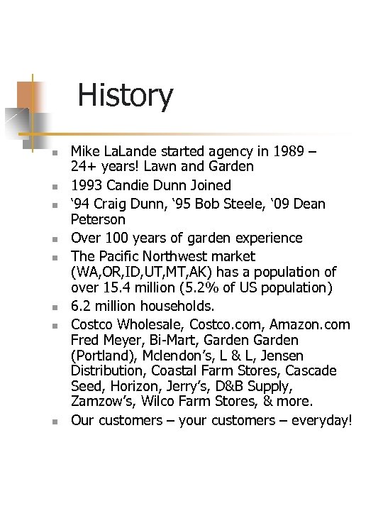 History n n n n Mike La. Lande started agency in 1989 – 24+