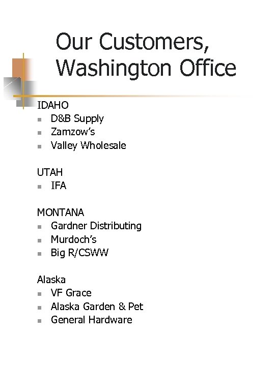 Our Customers, Washington Office IDAHO n D&B Supply n Zamzow’s n Valley Wholesale UTAH