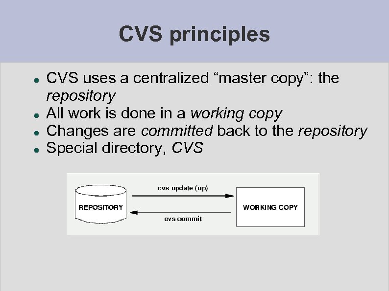 CVS principles CVS uses a centralized “master copy”: the repository All work is done
