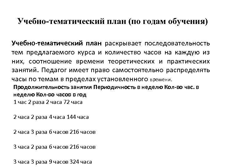 Учебно-тематический план (по годам обучения) Учебно-тематический план раскрывает последовательность тем предлагаемого курса и количество