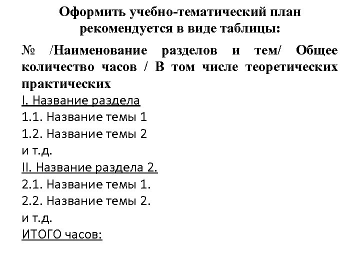 Оформить учебно-тематический план рекомендуется в виде таблицы: № /Наименование разделов и тем/ Общее количество