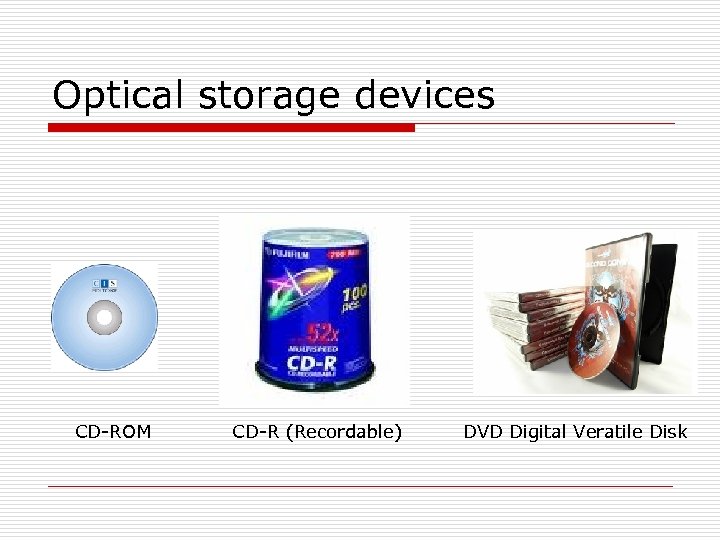 Optical storage devices CD-ROM CD-R (Recordable) DVD Digital Veratile Disk 