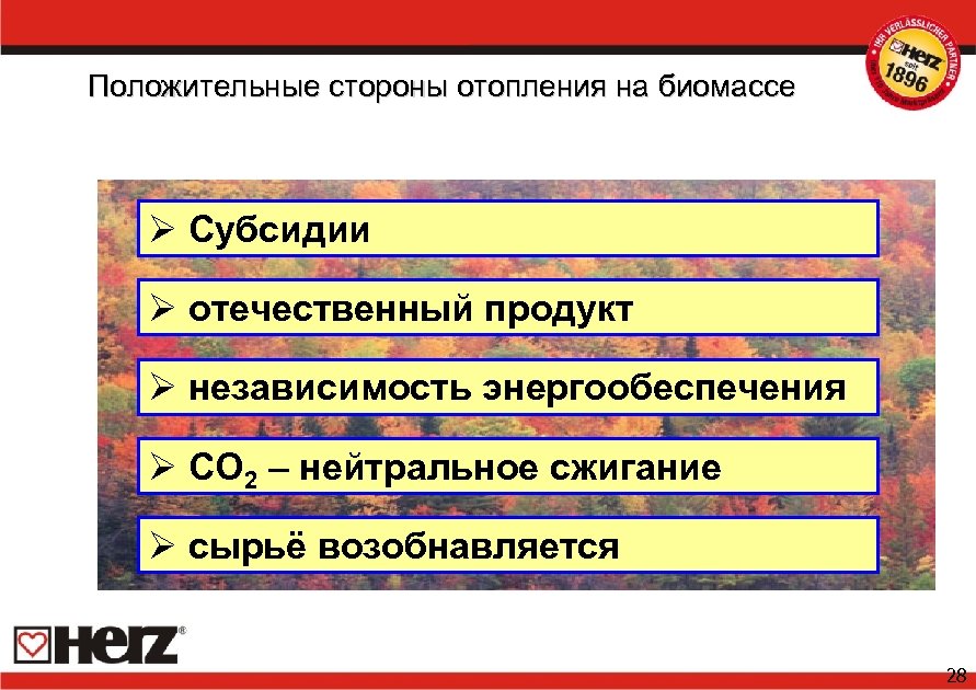 Положительные стороны отопления на биомассе Ø Субсидии Ø отечественный продукт Ø независимость энергообеспечения Ø