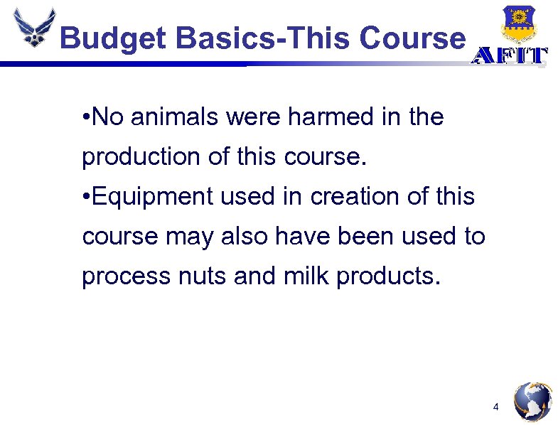 Budget Basics-This Course • No animals were harmed in the production of this course.