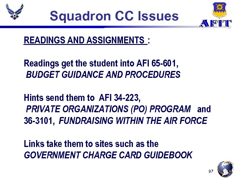 Squadron CC Issues READINGS AND ASSIGNMENTS : Readings get the student into AFI 65