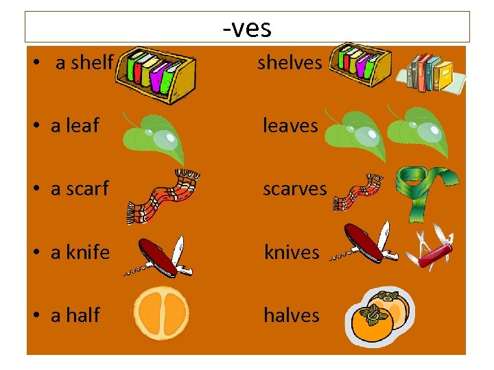 -ves • a shelf shelves • a leaf leaves • a scarf scarves •