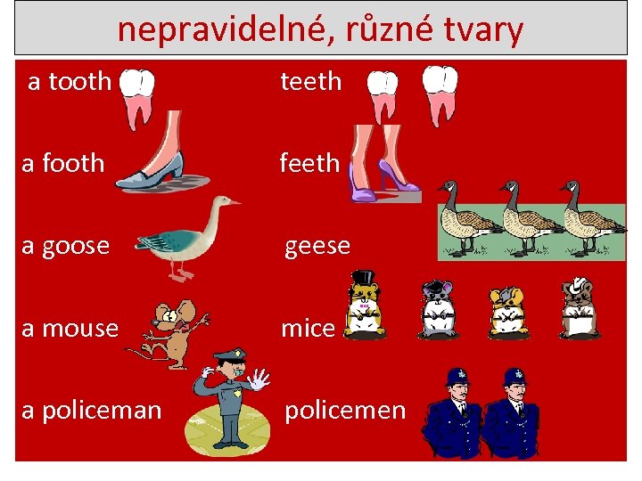 nepravidelné, různé tvary a tooth teeth a footh feeth a goose geese a mouse