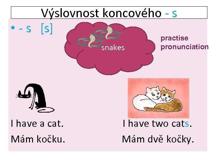 Výslovnost koncového - s • - s [s] snakes I have a cat. Mám