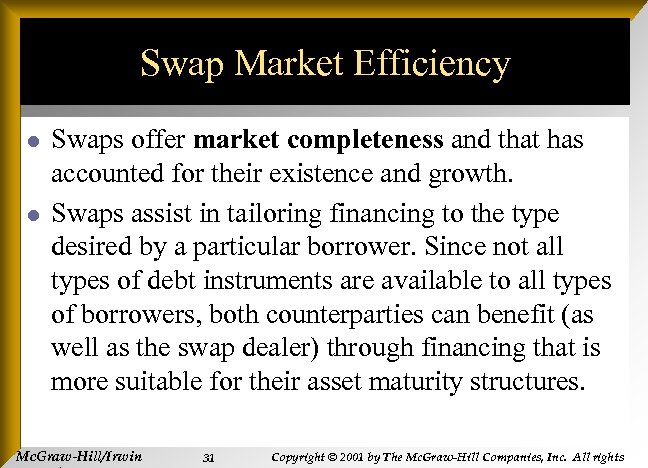 Swap Market Efficiency l l Swaps offer market completeness and that has accounted for