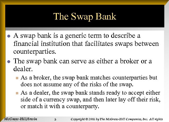 The Swap Bank l l A swap bank is a generic term to describe