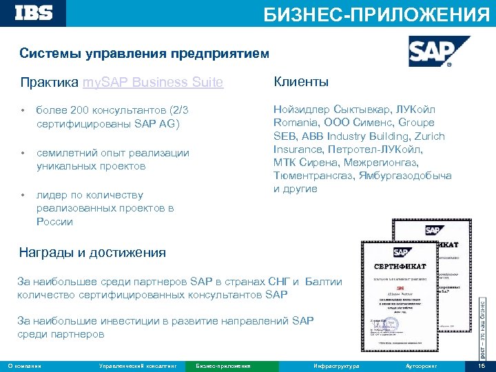 БИЗНЕС-ПРИЛОЖЕНИЯ Системы управления предприятием Практика my. SAP Business Suite • семилетний опыт реализации уникальных