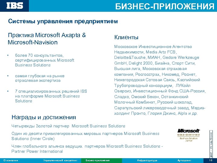 БИЗНЕС-ПРИЛОЖЕНИЯ Системы управления предприятием Практика Microsoft Axapta & Microsoft-Navision • более 70 консультантов, сертифицированных