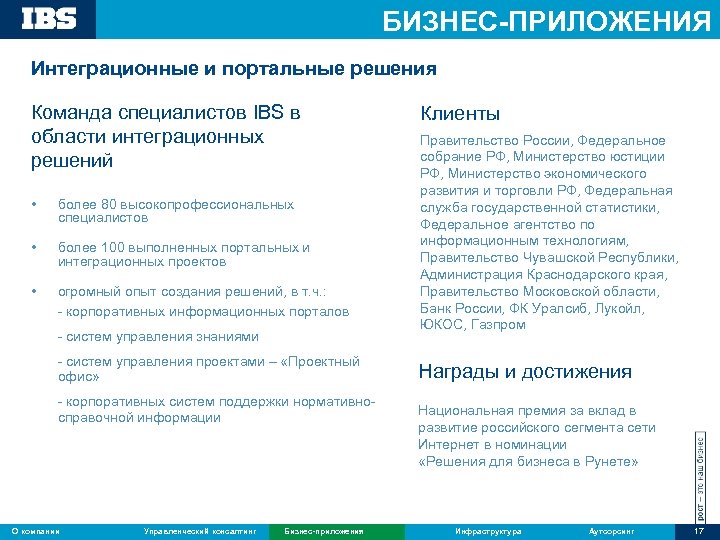 БИЗНЕС-ПРИЛОЖЕНИЯ Интеграционные и портальные решения Команда специалистов IBS в области интеграционных решений • более