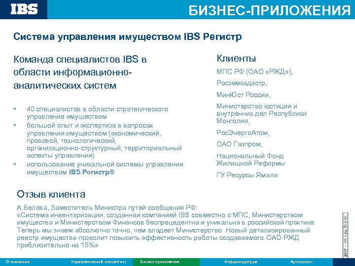 БИЗНЕС-ПРИЛОЖЕНИЯ Система управления имуществом IBS Регистр Команда специалистов IBS в области информационноаналитических систем Клиенты