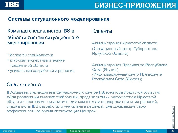 БИЗНЕС-ПРИЛОЖЕНИЯ Системы ситуационного моделирования Команда специалистов IBS в области систем ситуационного моделирования • более