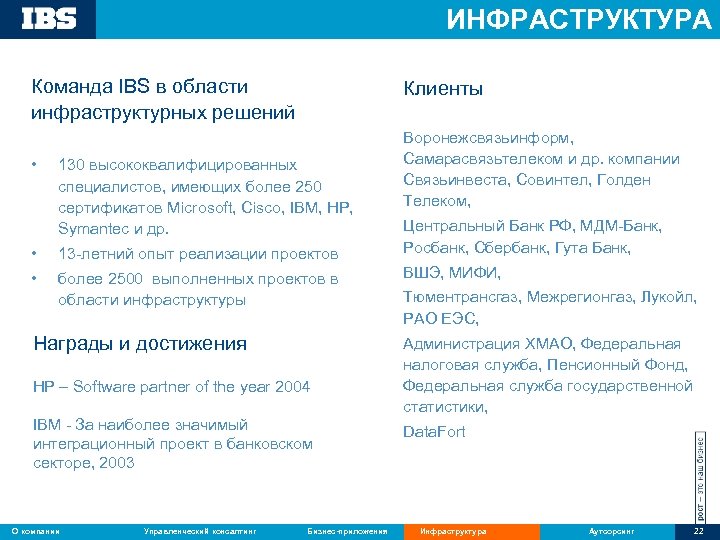 ИНФРАСТРУКТУРА Команда IBS в области инфраструктурных решений • Клиенты 130 высококвалифицированных специалистов, имеющих более