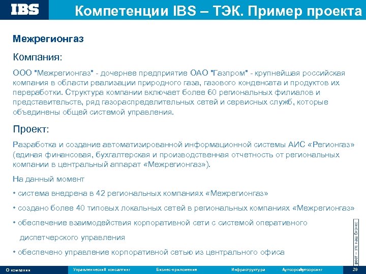 Компетенции IBS – ТЭК. Пример проекта Межрегионгаз Компания: ООО "Межрегионгаз" - дочернее предприятие ОАО