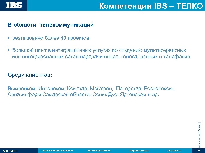 Компетенции IBS – ТЕЛКО В области телекоммуникаций • реализовано более 40 проектов • большой