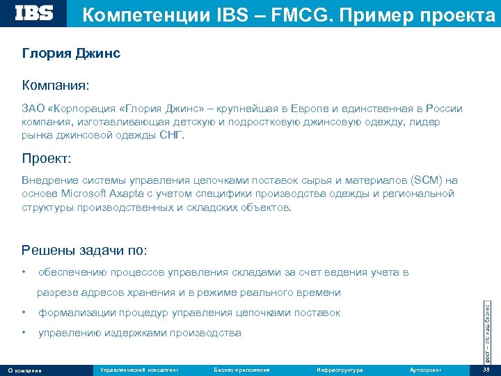 Компетенции IBS – FMCG. Пример проекта Глория Джинс Компания: ЗАО «Корпорация «Глория Джинс» –