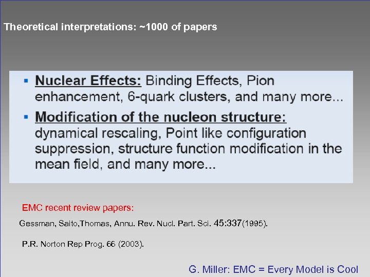 Theoretical interpretations: ~1000 of papers EMC recent review papers: Gessman, Saito, Thomas, Annu. Rev.