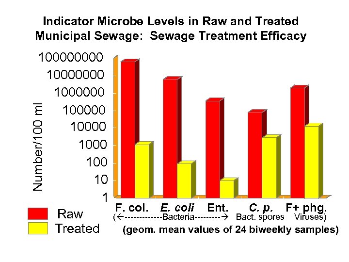 Indicator Microbe Levels in Raw and Treated Municipal Sewage: Sewage Treatment Efficacy Number/100 ml