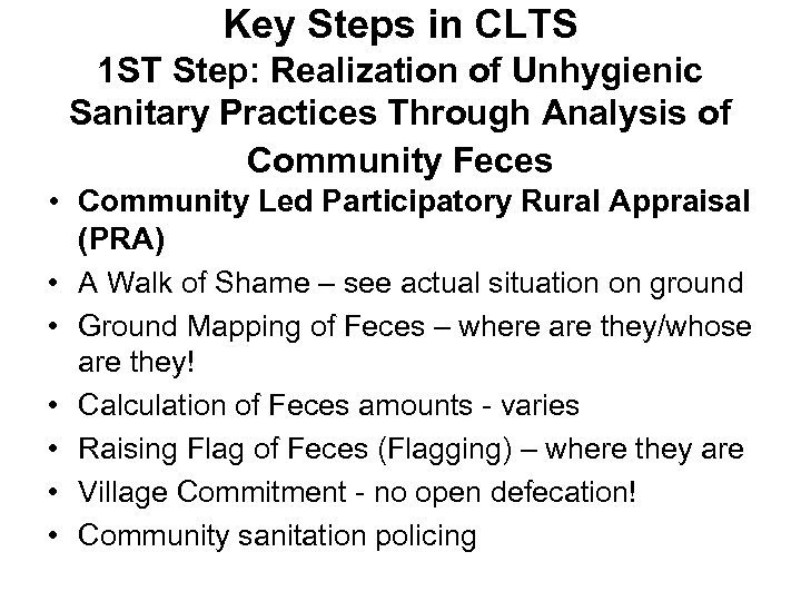 Key Steps in CLTS 1 ST Step: Realization of Unhygienic Sanitary Practices Through Analysis