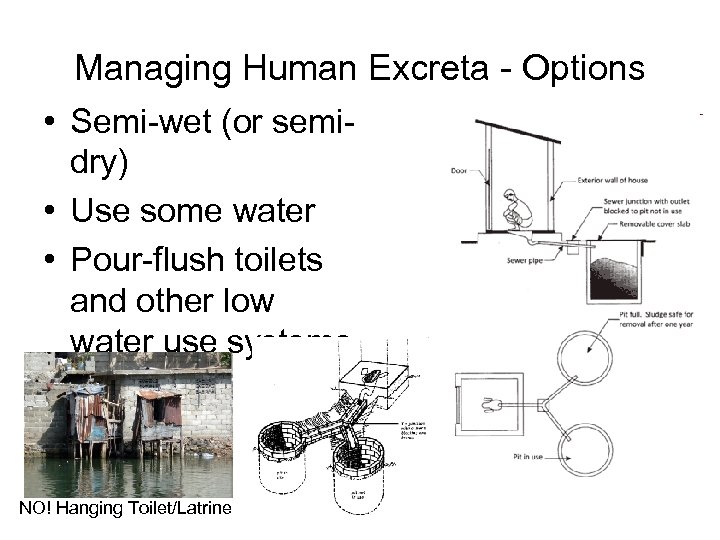 Managing Human Excreta - Options • Semi-wet (or semidry) • Use some water •