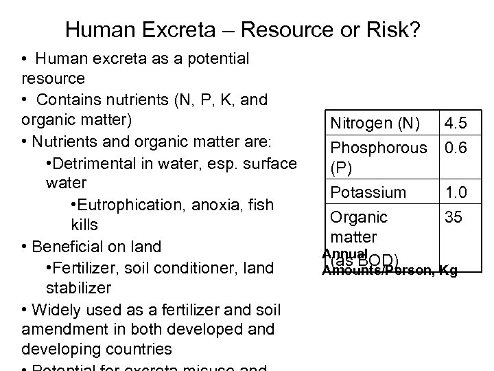 Human Excreta – Resource or Risk? • Human excreta as a potential resource •